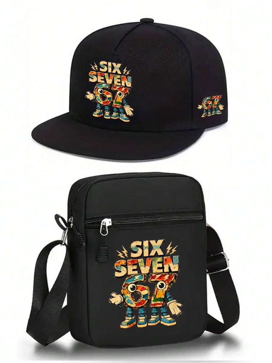1pc/2pcs Retro Cartoon Funny Number "67" Pattern Design Print Baseball Cap And Crossbody Bag Set, Streetwear Style Fashion Outdoor Sports Flat Brim Cap And Shoulder Bag, Adjustable, Gift For Friends And Anniversary - Multicolor - View 1