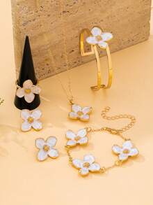1 Set Fashionable & Sweet Floral Series Jewelry Set Including Necklace/Bracelet/Bangle/Ring/Earrings, Unique Handpainted Enamel Flower Petals, Suitable For Women's Daily Wear And Parties - Four Cornus Set - View 8