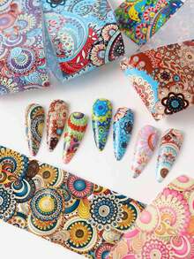 10pcs Bohemian Style Colorful Mandala & Floral Geometric Pattern Nail Transfer Foil Stickers, Suitable For Acrylic Nails, Summer Bohemian DIY Nail Art Decoration, Non-Sticky - Multicolor - View 4