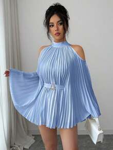 Elenzya Elegante camisa/blusa de mujer con mangas acampanadas y cintura ceñida para vacaciones - Celeste - Ver 5