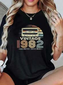 Highly Recommended: Women's Oversized Loose-Fitting 1982 Vintage Print T-Shirt - Casual Polyester Fabric With Round Neck, Comfortable For All Seasons, Festive Holiday Top, 1 Piece, 200 G/M², Easy To Match. - 黑色 - 查看 6
