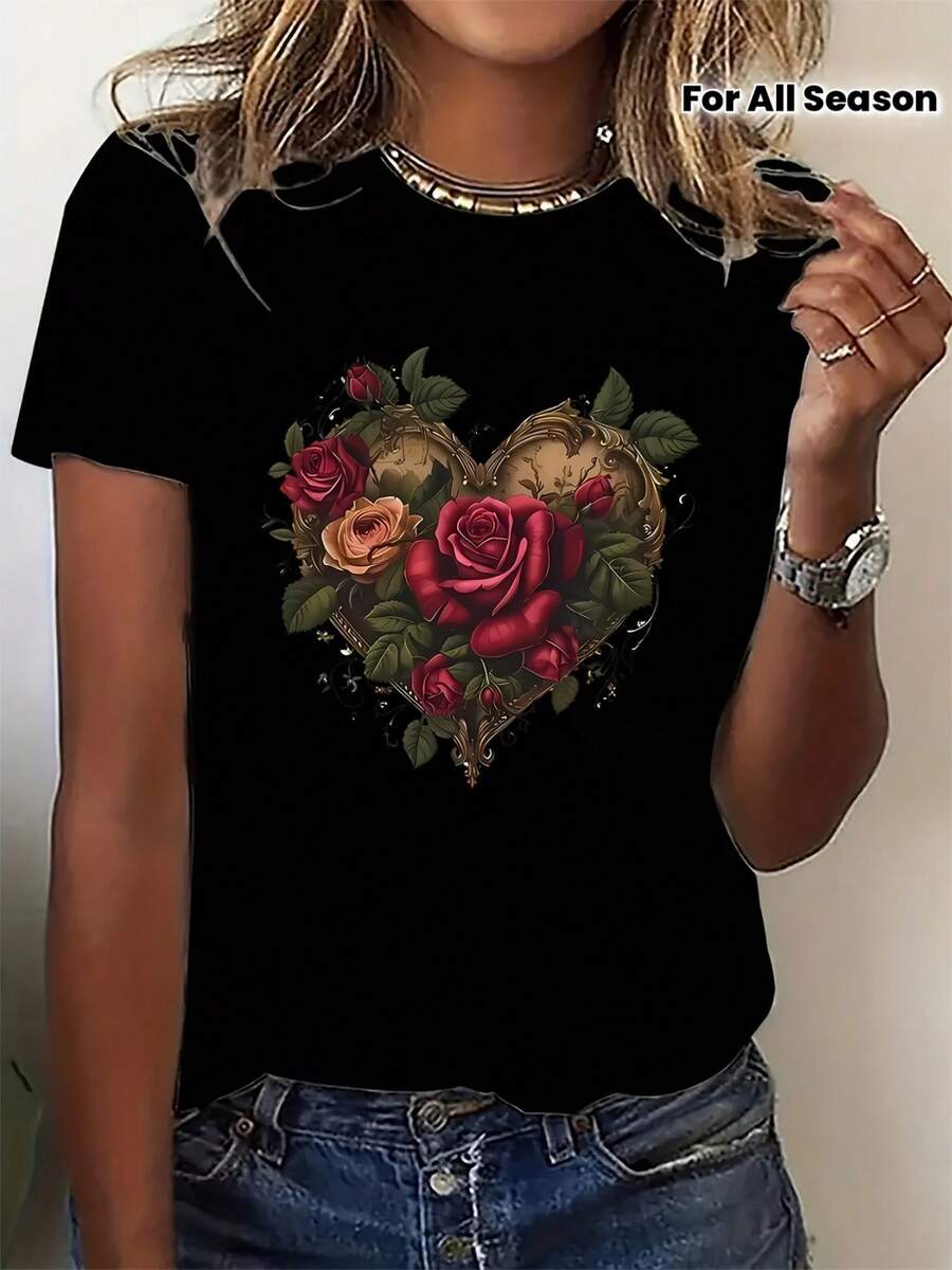 Wo's Vintage Floral Heart Print T-Shirt | Elegant Pink And Foliage Short-Sleeved Blouse, Soft Blend, Round Neck, Casual To Semi-Formal, Machine Washable, All-Season White Shirt With Pink And Red Rose Design For Valentine's Day, Parties, Casual Wear - 黑色 - 查看 1