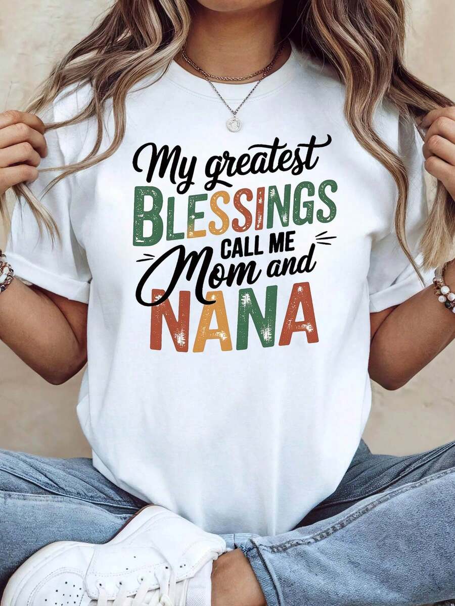 Women's T-Shirt With My Greatest Blessings Mom & Nana Print | Family Gathering And Everyday Top, Warm And Cozy Style, Short Sleeve, Casual Spring/Summer T-Shirt - 白色 - 查看 1