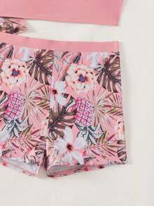 Swim Conjunto de bikini casual con estampado de plantas tropicales con kimono corto de manga corta como cubridor para verano - Multicolor 2 - Ver 9