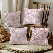 MEMNUN 4pcs Watercolor Pink Patchwork Floral Print Cushion Cover (No Pillow Insert), Made Of Polyester Fabric, Single-Sided Printing, 17.7*17.7in(45*45cm)/19.69*19.69in(50*50cm)/15.75*15.75in(40*40cm), Retro Floral Tile Design, Suitable For Sofa, Bed, Bedroom, Office, Hotel, Home Decor, All Seasons, Gift - Multicolor - View 9