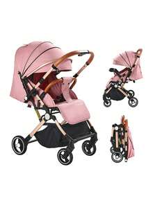 Cochecito de bebé reversible de alta vista, con asiento ajustable y diseño de absorción de impactos, equipado con una gran canasta de almacenamiento, toldo, portabotellas y bandeja para alimentos, adecuado para recién nacidos y niños pequeños, imprescindible para viajes y salidas familiares. - Rosa - Ver 2