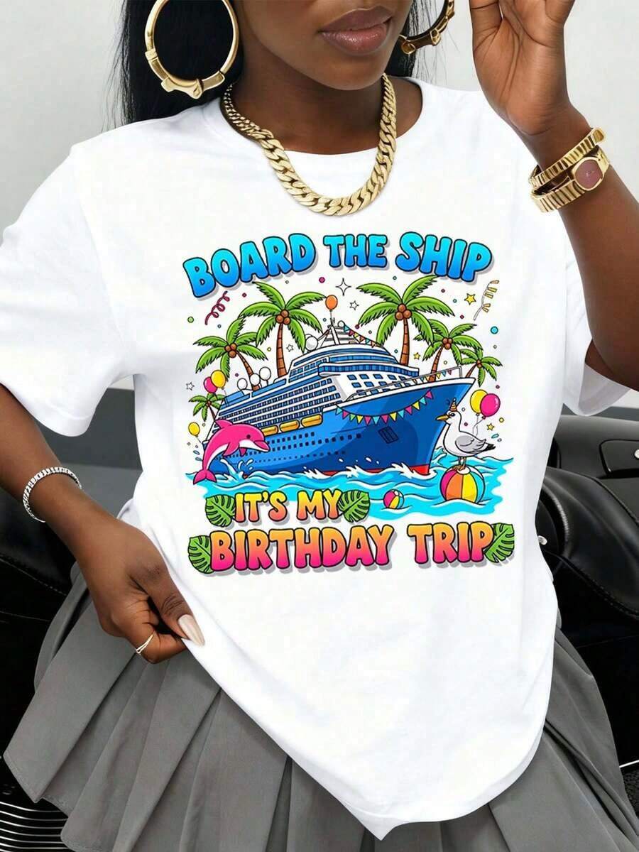 Camiseta de cuello redondo para mujer con estampado de palmeras, delfines y gaviotas, diseño gráfico de crucero temático de festival, estilo casual y a la moda, suave y cómoda, perfecta para vacaciones, celebraciones, fiestas, o como regalo. Transpirable y cómoda. - Blanco - Ver 1