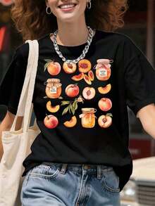 Black T-Shirt With Peach And Jam Jar Print, Women's Casual Summer Top, Fruit Print T-Shirt For Everyday Wear And Gift - Urban Vintage Style, Unisex, Cotton, Short Sleeve, Round Neck. - 黑色 - 查看 7