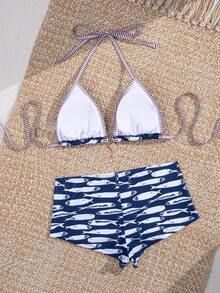 jeederkim Mẫu bikini hai mảnh in họa tiết mới về dành cho nữ, thích hợp cho kỳ nghỉ biển và những buổi đi biển. - Màu xanh lam - Xem 2