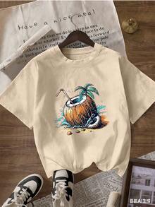 Camiseta con Coco en la Playa y Detalles de Arena y Agua,Camiseta de manga corta de moda para primavera y verano de 2026, hecha en México, 180 gramos. Estampado de dibujos animados, modelo de pareja, apta para uso interior o exterior. Cuello redondo, unisex, ideal para oficina y ocio. Paquete de una pieza. - APR-P631577SLNDXZGY454 - Ver 3