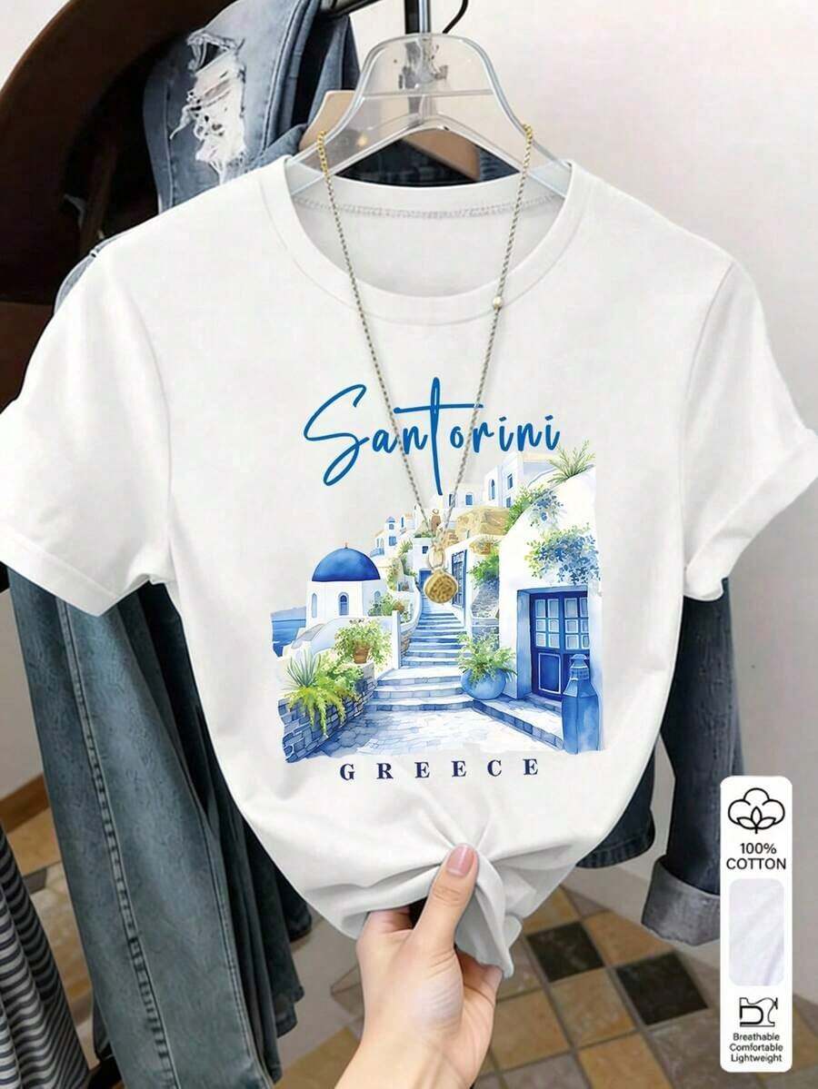 Women's Santorini, Greece Printed T-Shirt - White, Short Sleeve, Crew Neck, Casual, With Blue Dome Roofs And Foliage Design, Lightweight, Spring/Summer Travel Souvenir, Bachelorette Party Gift, Spring Casual Wear | Vibrant Design T-Shirt - 杏色 - 查看 1