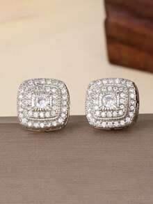 2pcs Fashionable Luxury Fully Rhinestone Square Stud Earrings, Exquisite Sparkling Unisex Hip-Hop Versatile Earrings - Square - View 9
