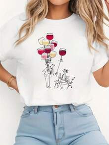 Camiseta de manga corta para mujer, con estampado creativo de copas de vino y globos, cuello redondo, primavera-verano, 100% algodón. - Blanco - Ver 7