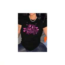 Women's Casual Summer T-Shirt With Round Neck, Short Sleeves And Fitted, Featuring An Oil Painting Print With Floral, Heart, Cherry And Lettering. - 黑色 - YH404 - 查看 7