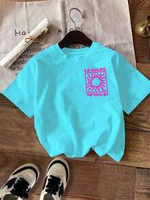 Camiseta de mujer, camiseta gráfica de manga corta de estilo casual de calle, linda blusa de verano - Azul - Ver 2