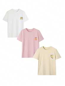 3件套夏季新款休闲柠檬、鸡尾酒和饮料图案圆领短袖T恤，百搭日常女装上衣 - 彩色 - 查看 2