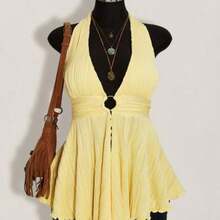 ICON Plus Size Y2K Style Hollow Out Asymmetrical Hem Babydoll Halter Neck Knit Camisole, Summer Tops - Amarillo claro - Ver 1