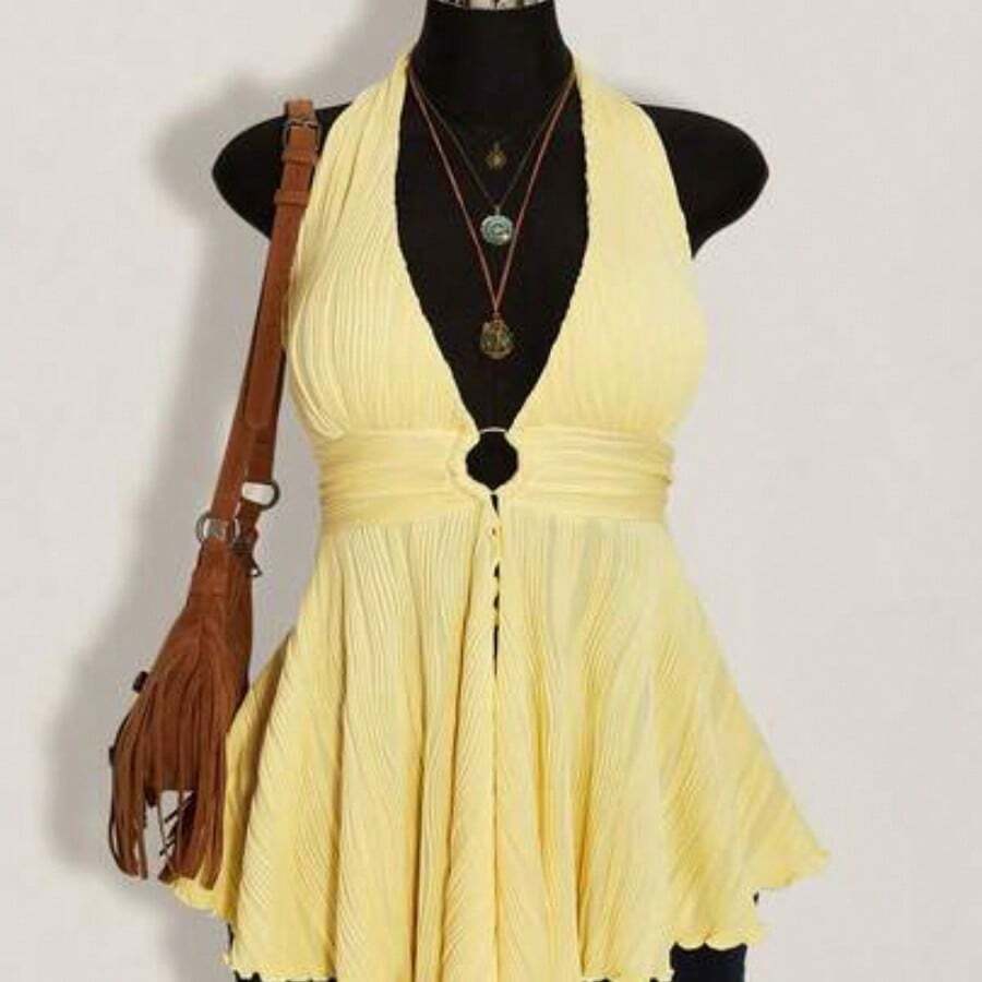 ICON Plus Size Y2K Style Hollow Out Asymmetrical Hem Babydoll Halter Neck Knit Camisole, Summer Tops - Amarillo claro - Ver 1