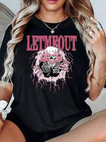 A Skull Emerges From Pink Cracks With Electric Energy, Expressing Inner Strength And Rebellion. A Modern, Casual, Short-Sleeved Women's T-Shirt, Comfortable For Everyday Wear. - 黑色 - 查看 1