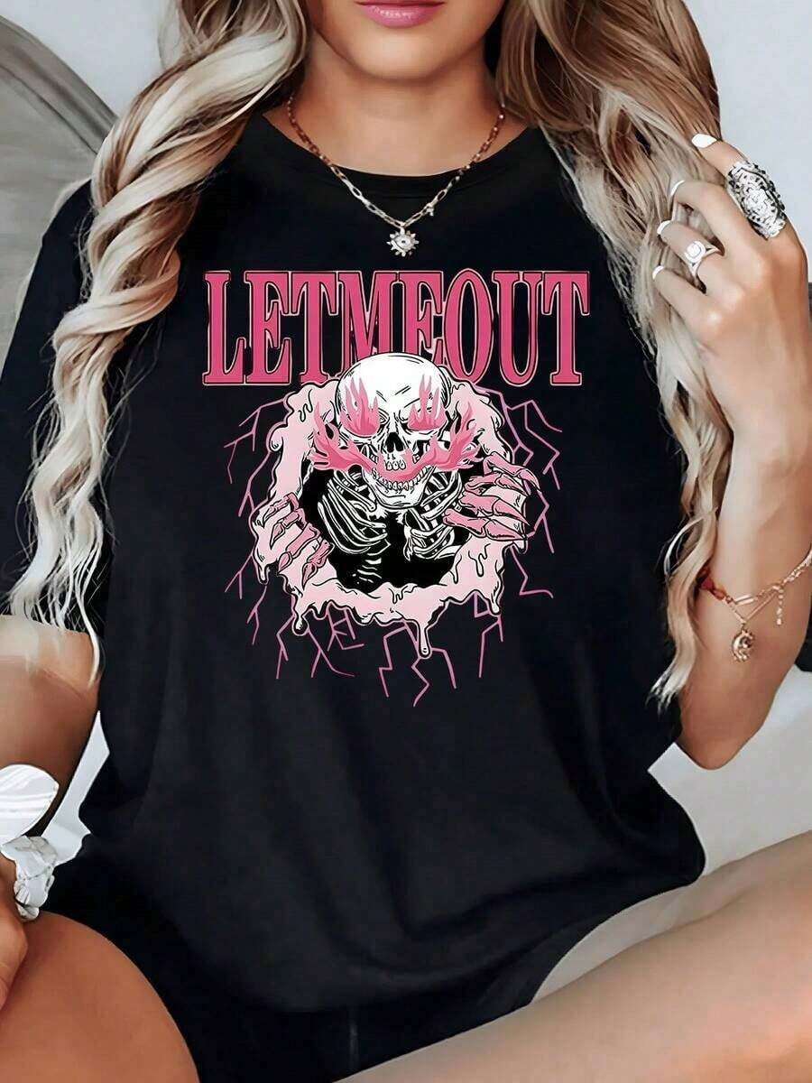 A Skull Emerges From Pink Cracks With Electric Energy, Expressing Inner Strength And Rebellion. A Modern, Casual, Short-Sleeved Women's T-Shirt, Comfortable For Everyday Wear. - 黑色 - 查看 1