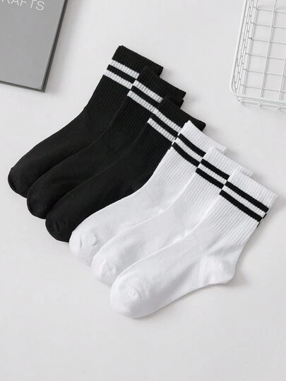 Set de 6 pares de calcetines de media caña con diseño de rayas en negro y blanco para hombre, otoño