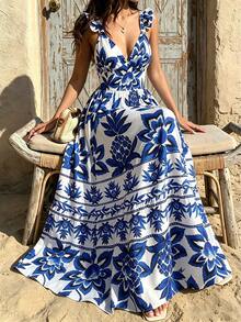Amore Women's Summer Blue And White Tropical Flower Pineapple Printed Strap Top Long Dress With V-Neck And Ruffle Edge, Cinched Waist For Slimming, Suitable For Beach, Island, Beach, Travel Check-In, Vacation, Light Party, Tropical Style Dressing, Summer Dress,Festival Dresses,Elegant Dresses For Party,Wedding Guest Dress For Women,Beach Dress,Casual Dresses For Women,Vacation Outfits Women - Blue and White - View 4
