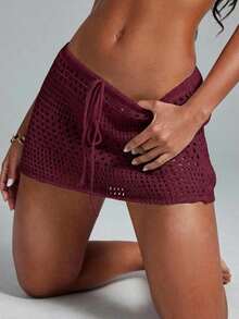 Swim Lushoire Falda pareo con dobladillo ondulado para la playa, con patrón geométrico perforado y floral - Burdeos - Ver 5