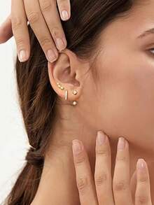 6 Pieces Of Single Ear Women's Cartilage Earrings With Porous Design, Exquisite And Stackable Small Earrings, Suitable As Jewelry Gifts - Gold - View 3