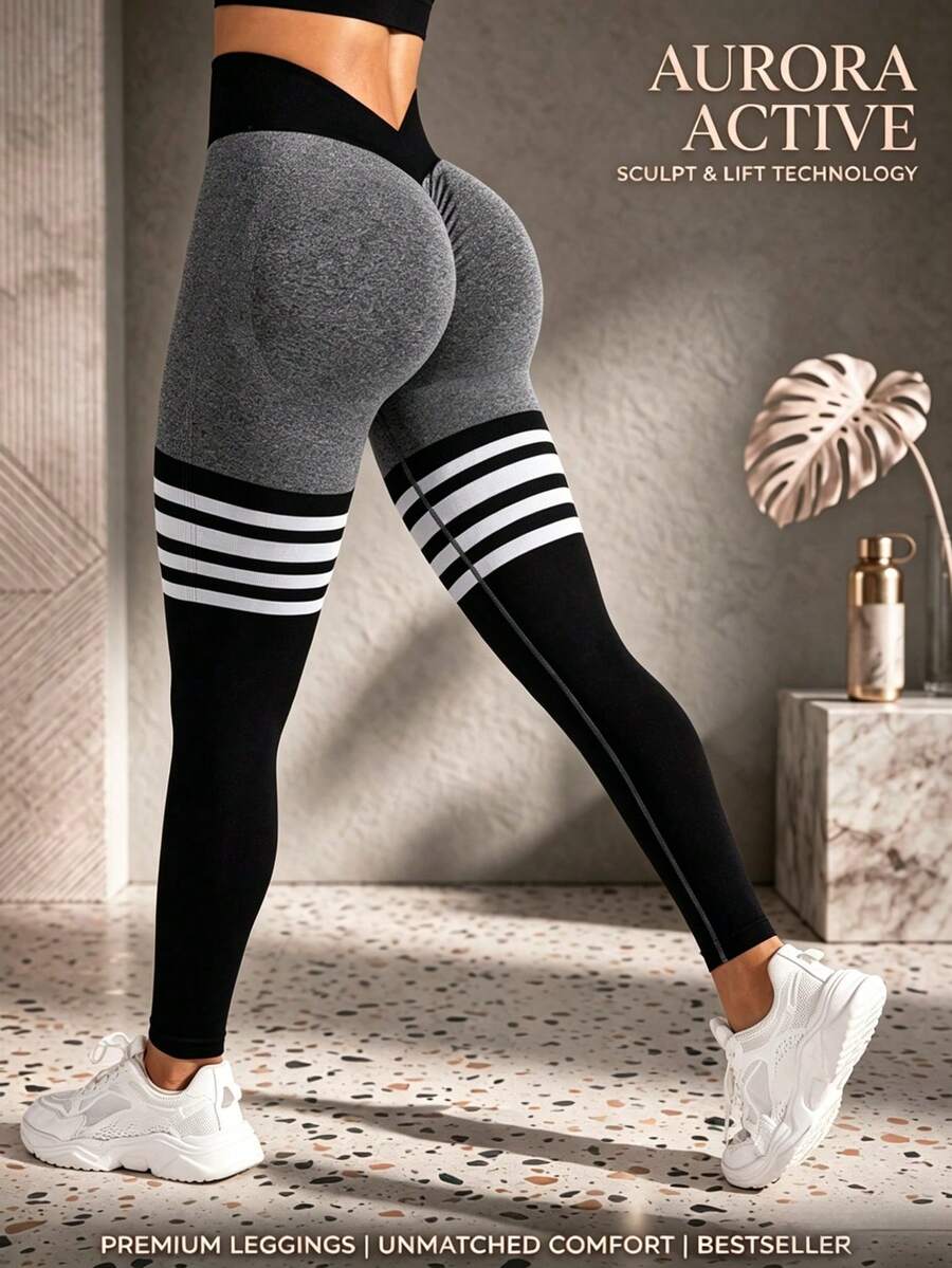 High-Waist Striped Butt-Lifting Compression Leggings | Women's Yoga, Running & Workout Tights | Seamless Athletic Quick-Dry Activewear Pants - 灰色 - 查看 1