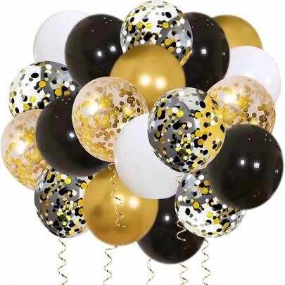52 piezas/35 piezas por set, globos de látex de 10 pulgadas/12 pulgadas en negro, blanco y dorado. Adecuado para compromiso, boda, confesión, cita, inauguración, aniversario, fiesta, actividades al aire libre, reuniones familiares, arcos de globos y decoración de la habitación nupcial