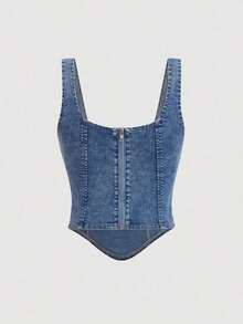 Blusa de jean sin mangas con cuello cuadrado y bajo asimétrico para mujer - Azul lavado medio - Ver 2