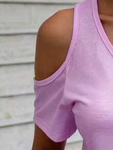 Camiseta de manga corta casual con cuello de corazón y hombros descubiertos, con estampado total de encaje floral 3D, adecuada para primavera/verano, viajes y salidas - Multicolor - Ver 3