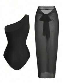 Traje de baño de una pieza de unicolor, asimétrico en el hombro, de moda para el verano y la playa, de estilo minimalista - Negro - Ver 2