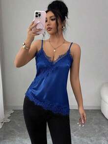 Camiseta de mujer elegante con parches de encaje y lunares - Azul - Ver 3
