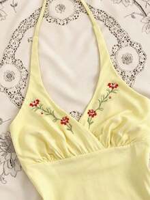 Camiseta de mujer de unicolor con cuello de halter plisado y lazo, versátil para vacaciones y citas - Amarillo claro - Ver 3
