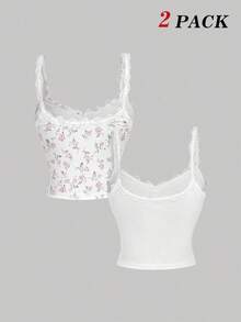 Camiseta sin mangas casual de mujer con parches de encaje, para verano - Multicolor 5 - Ver 4
