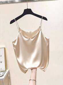 Elegante camiseta de satén con escote en V francés delicado y decoración de perlas, adecuada como prenda de superposición para mujeres - Albaricoque - Ver 4