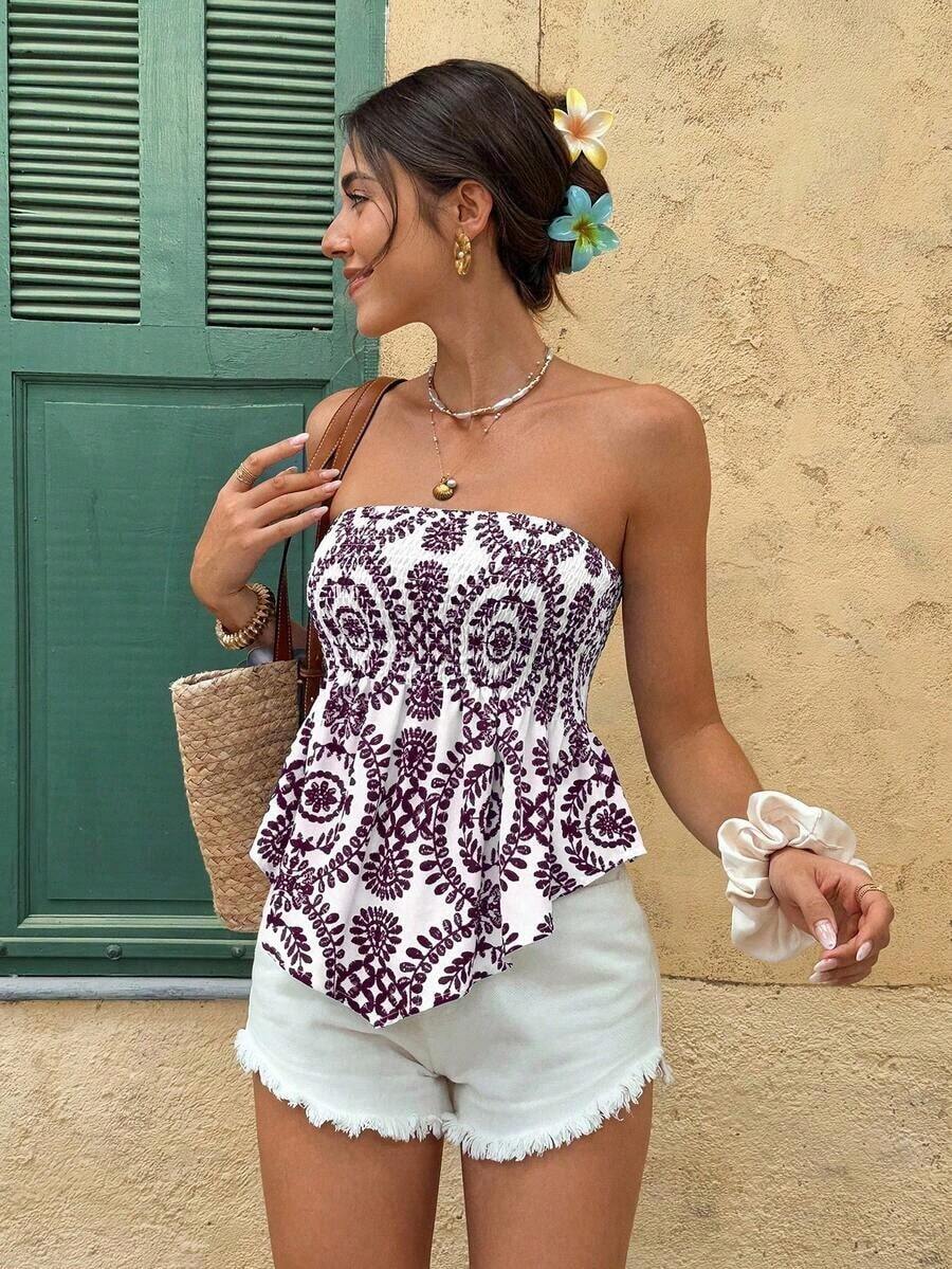 Frenchy Top tubo versátil para citas con pliegues a cuadros para mujer - Rojo violeta - Ver 1