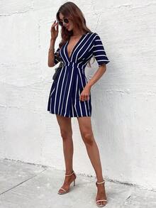 Vestido corto de verano casual de vacaciones para mujer con estampado de rayas y cuello en V profundo con cintura ceñida - Azul marino - Ver 5