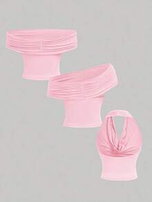 Set de 2 blusas casuales de mujer de ajuste ceñido y unicolor, que se pueden usar de 3 maneras diferentes - Multicolor - Ver 4