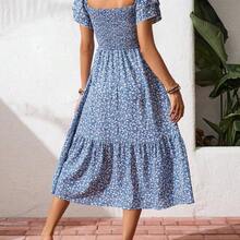 Square Neck Ditsy Floral Casual Summer Short Sleeve Dress Maxi Vacation Beach Outfits Women - Azul - Ver 3