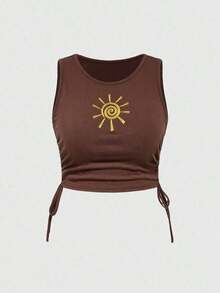 Country Spring/Summer Women's Hippie Vintage Music Festival Embroidered Sunflower Tank Top & Asymmetrical Hem Ruffle Hem Skirt 2 Pieces Set - 棕色 - 查看 9