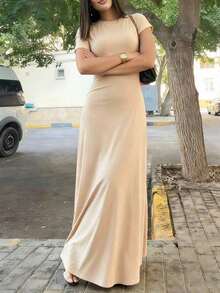Vestido ajustado de cintura sólido para vacaciones y viajes casuales de verano para mujer - Beis - Ver 7