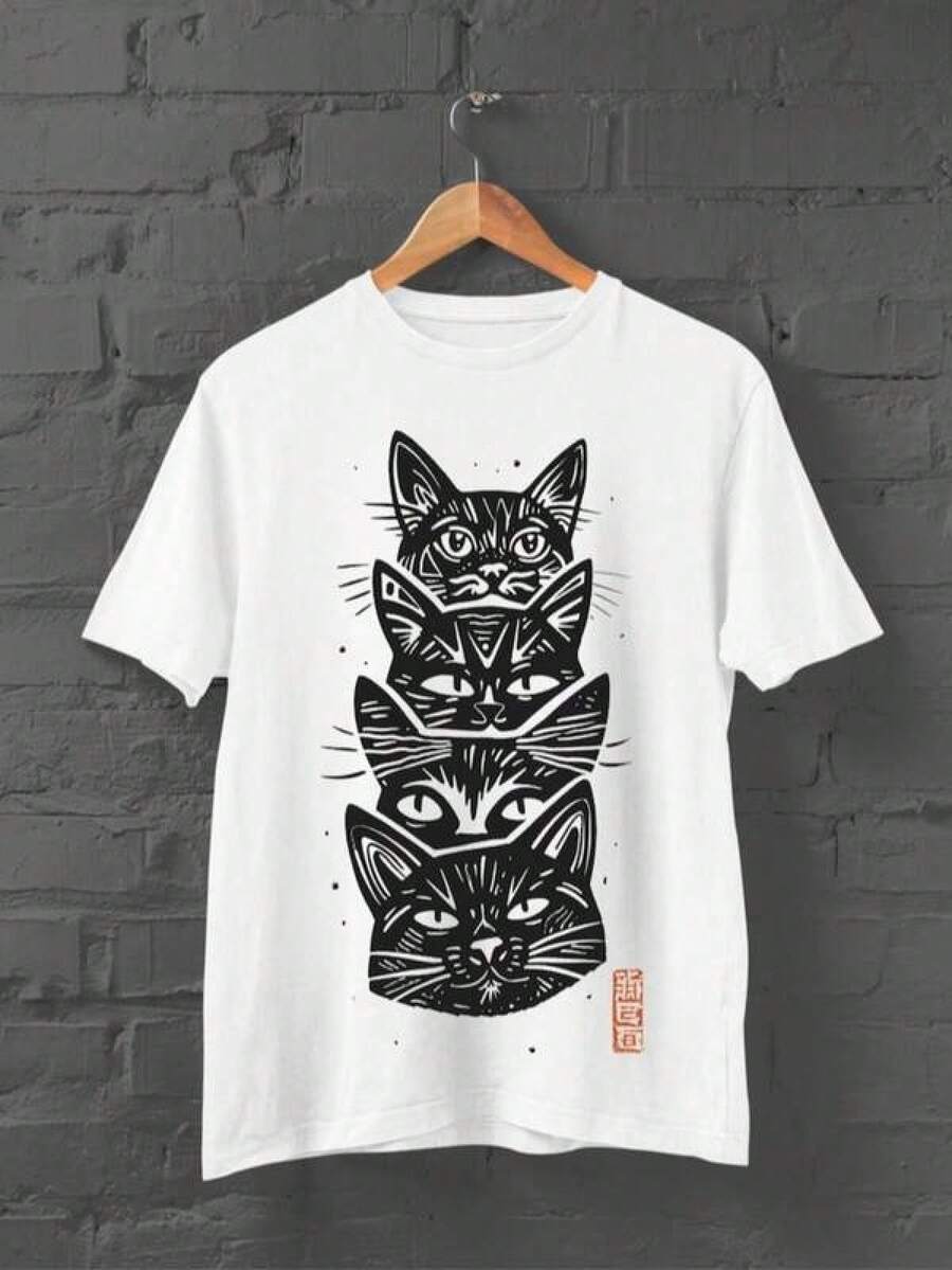 T Shirt Print ,Graphic-Cotton Tees Size Plus,Japanese Cats Shirt _ Japanese Shirt _ Harajuku _ Y2K Top _ Kanji Tshirt _ Japanese Streetwear _ Kaw ,Y2K,Oversized Shirt - White - View 1