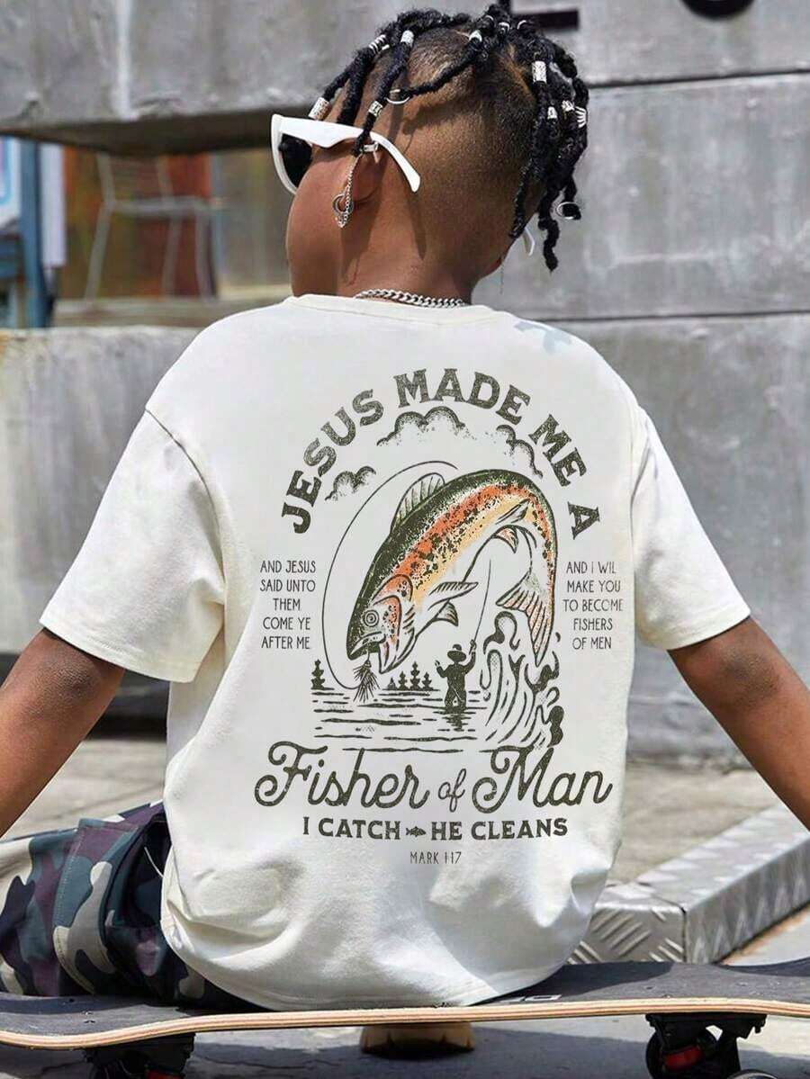 Camiseta de manga corta con cuello redondo y estampado gráfico casual para niños y adolescentes, top de verano - Blanco - Ver 1
