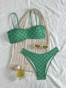 Set de 2 piezas Bikini bandeau con estampado floral rosa para mujer, con tirantes desmontables adecuado para vacaciones en la isla y sesiones de fotos en la playa en verano - Multicolor 2 - Ver 9