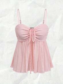 Camiseta de tirantes con volantes de unicolor lindo para damas, ropa de verano para la universidad - Rosa - Ver 12
