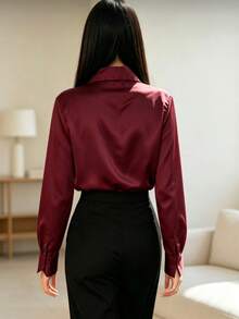 Women's Long-Sleeved Shirt - 酒紅色 - 查看 2