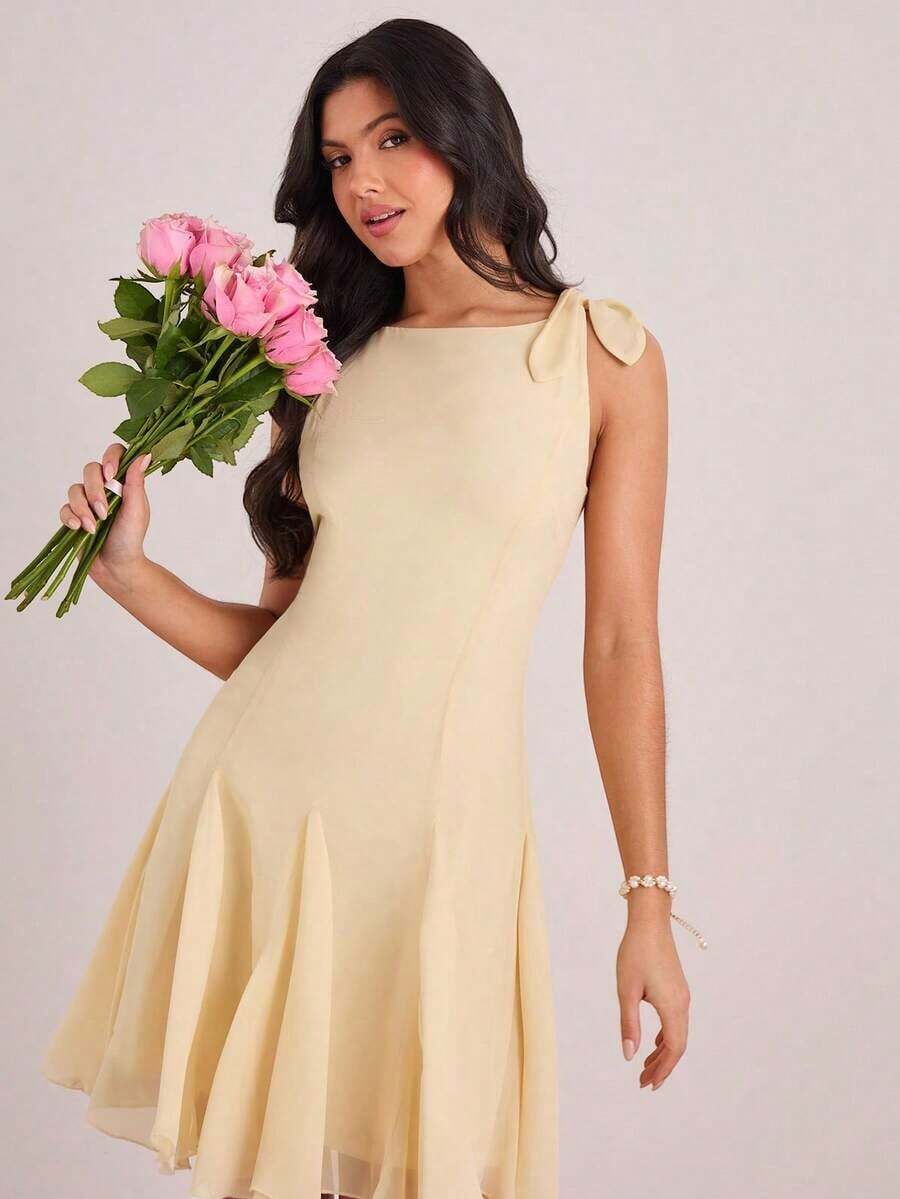 Vestido mini casual y de fiesta con pliegues y lunares para mujer - Amarillo claro - Ver 1
