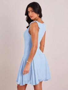 Vestido mini casual y de fiesta con pliegues y lunares para mujer - Celeste - Ver 6